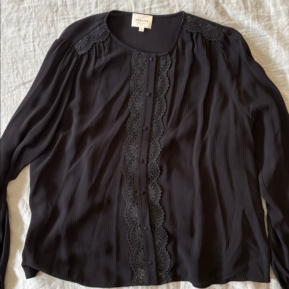 Sézane Black Lace-Trim Button Front Blouse